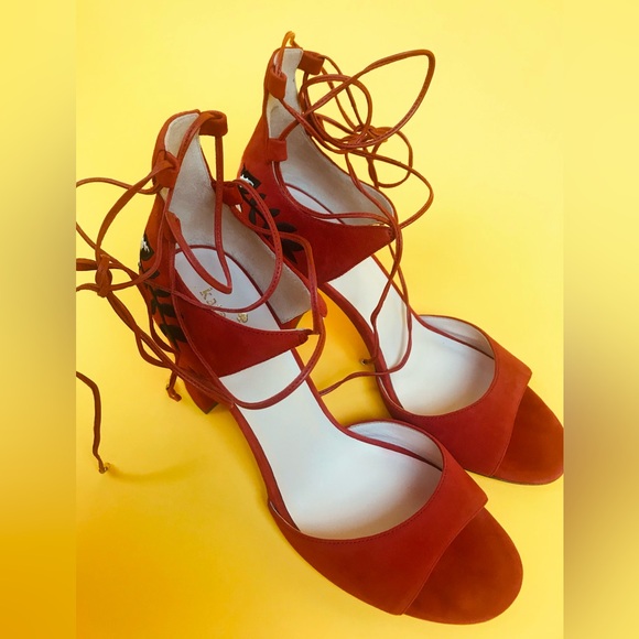 Red Kate Spade Oasis Lace Up Floral Embroidered Suede Heels - Picture 4 of 11